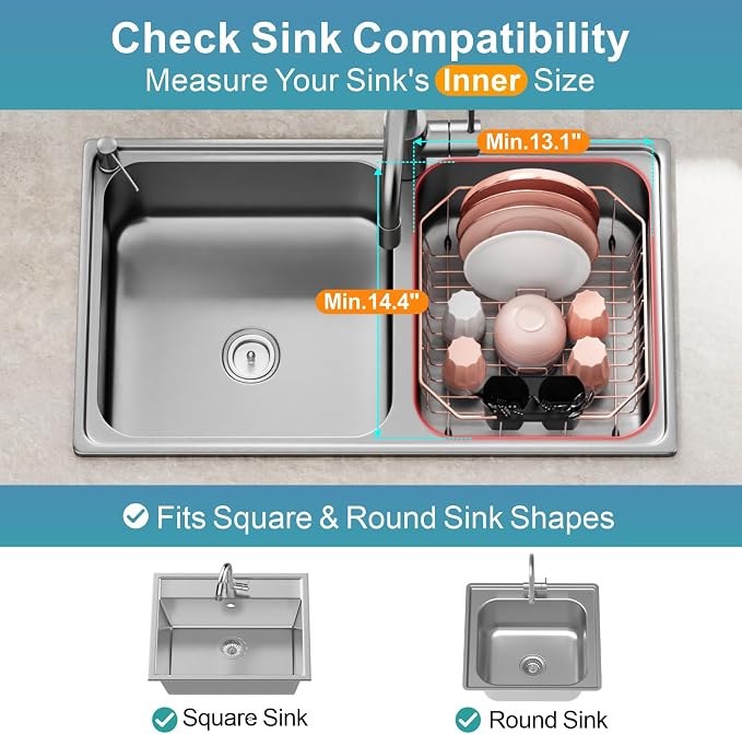 GSlife Small in Sink Dish Drying Rack - Stainless Steel Compact Dish Drainer for RV Kitchen Apartment Sink, Rust Resistant Inside Sink Rack, 1–2 Person Households, 13.1" W x 14.4" L, Rose Gold