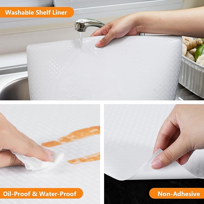 Shelf Liners for Kitchen Cabinets Refrigerator Liners Waterproof & Oil-Proof Kitchen Cupboard Liner Non-Slip Drawer Mats EVA Material Non Adhesive Fridge Liner for Shelves-White 17.5 x 236.2 Inches