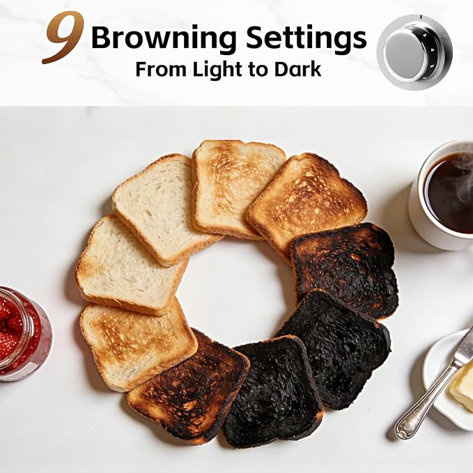 4 Slice Toaster, CUSIMAX Extra-Long Slots for Artisan Bread, Quick Glance Function, 9 Shade Settings, Bagel/Defrost/Cancel Functions, Removable Crumb Tray, Cool-Touch Stainless Steel Body