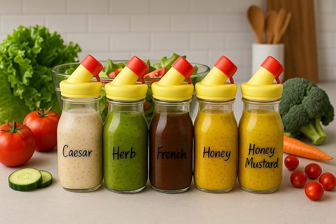 kitchentoolz Salad Dressing Shaker Bottle – 12oz Carafe Glass Bottle with Silicone Pour Spout and Tamper-Proof Lid for Sauces and Marinades - Salad Dressing Dispenser Container