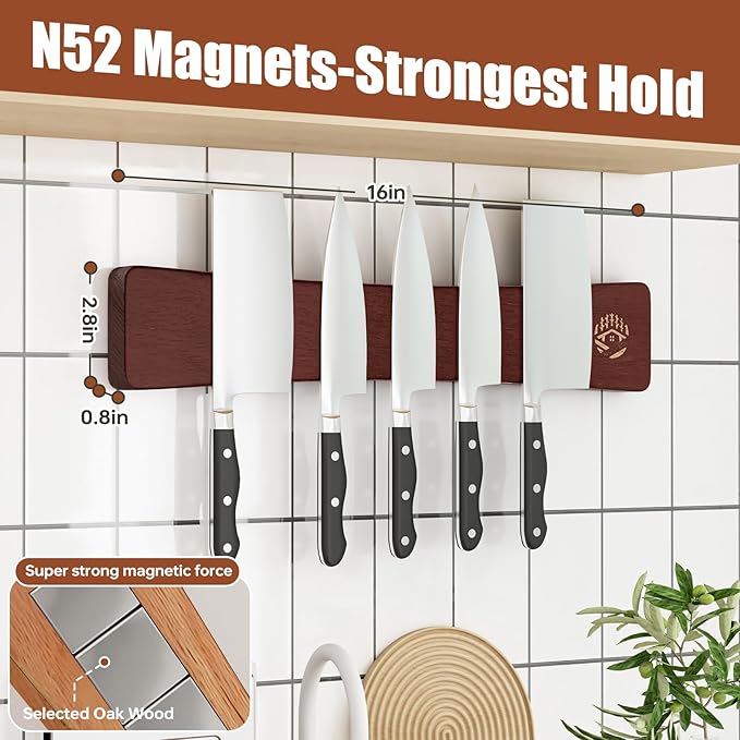 Magnetic Knife Strip, Magnetic Knife Holder for Wall 16 Inch, Solid Oak Wood Knife Magnetic Strip with N52 Super Strong Magnets, Wooden Knife Bar, Knife Holder Organizer for Kitchen Knives, Tools