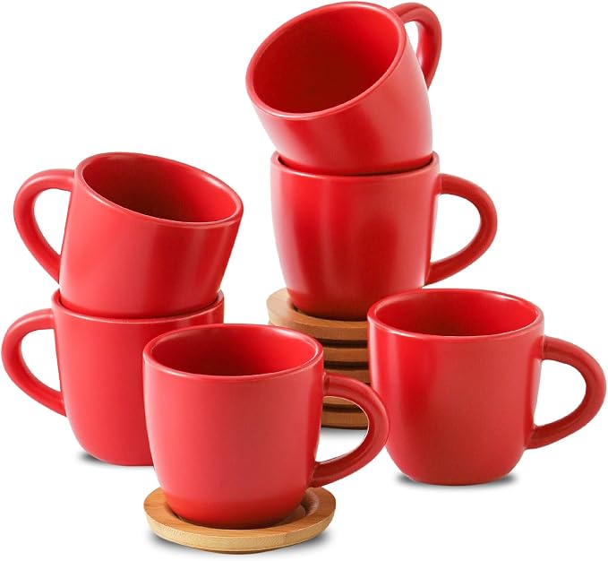 HASENSE 6 Ounce Espresso Cups with Saucers,Ceramic Cappuccino Cups with Handle for Double Shot, Latte, Cafe Mocha, Stackable Coffee Cups with Handle for Cafes, Home, Office, Red