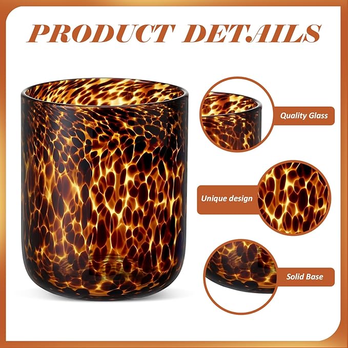 Honeydak Set of 6 Tortoise Leopard Print Brown 10 oz Rocks Glasses Stylish Stemless Cocktail Cups Glass Glassware Tumbler Ideal for Gin, Tequila, Vodka, Soft Drinks 3.2 x 3.2 x 4 in