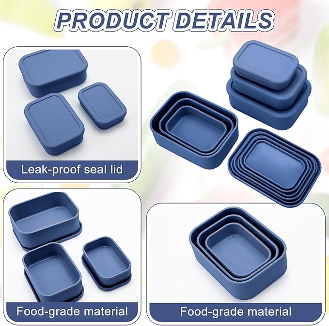Blushtier 2 Sets of 6 Silicone Food Storage Containers with Lid Silicone Bento Box Rectangular Lunch Box Hard Shell Containers Microwave Dishwasher Freezer Safe, 10 oz, 23.6 oz, 44 Ounce(Blue)