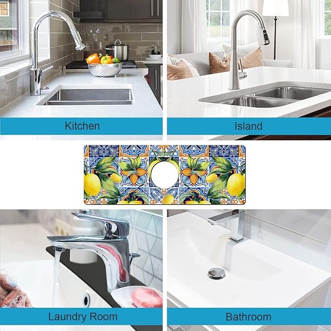 Kitchen Sink Splash Guard Faucet Mat Super Absorbent Fast Drying Mat Sink Gadgets Splash Guard Behind Faucet Drip Catcher for Kitchen (Lemon, 15x5.5in)