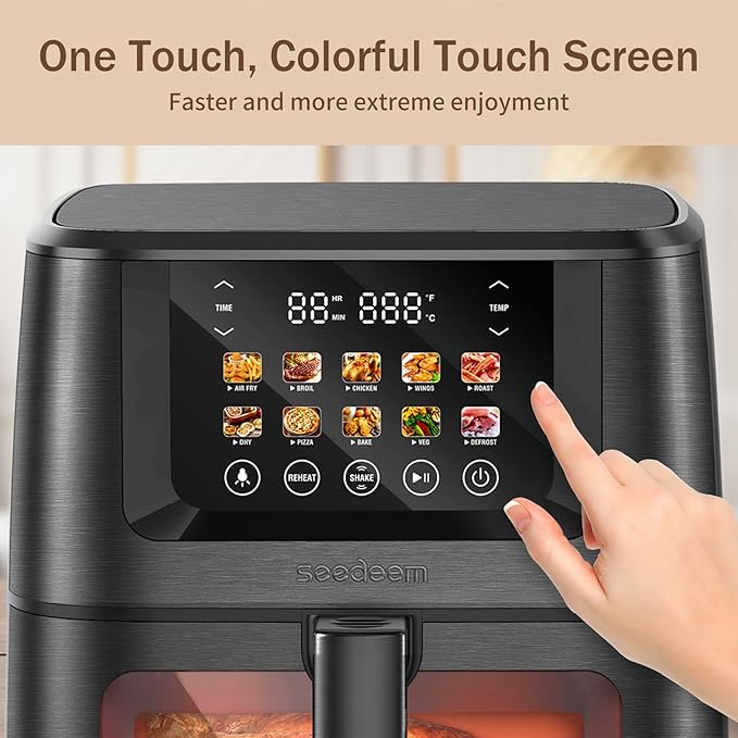 SEEDEEM Max XL Air Fryer 8QT, 10-in-1 Digital Air Fryer Oven with Color Touchscreen & Viewing Window, Toaster Oven Combo for Broil, Roast, Dehydrate, Bake – Black