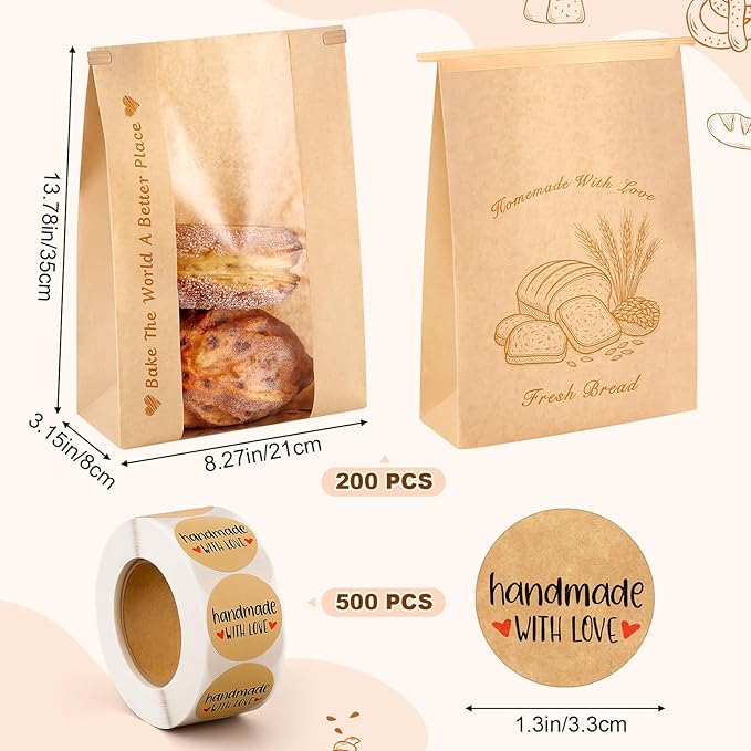 Honoson 200 Pcs Large Paper Bread Bags for Homemade Gift Giving, Sourdough Bread Bags with Window, Bakery Storage Tin Tie Tab Lock Cookie Packaging with Label Seal Stickers (Classic Style)