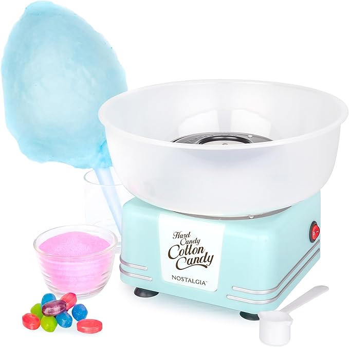 Nostalgia Countertop Cotton Candy Machine – Use Normal or Sugar-Free Candy or Flossing Sugar – Includes 2 Reusable Cones and Measuring Scoop – Aqua