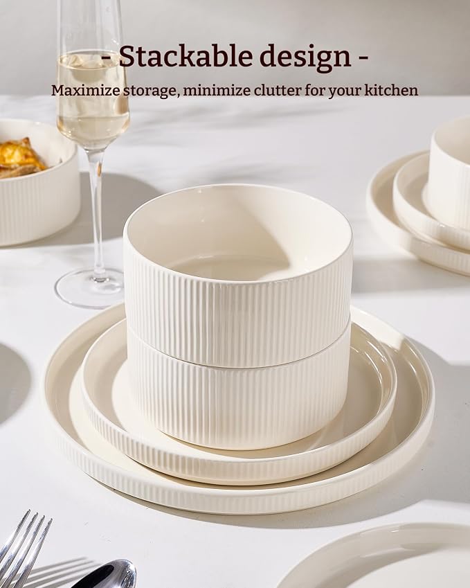 24-Piece Plates and Bowls Set, Porcelain Dinnerware Sets for 8 Service, Modern Dish Set-Chip and Scratch Resistant, Dishwasher & Microwave Safe, Creamy White