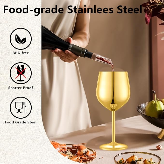 UNISWEET Stainless Steel Wine Glasses Set of 4 Unbreakable Wine Glass 18 oz Unique Metal Wine Goblets for Outdoor, Travel, Camping, Pool, Ideal Gift for Wine Lovers (Gold)