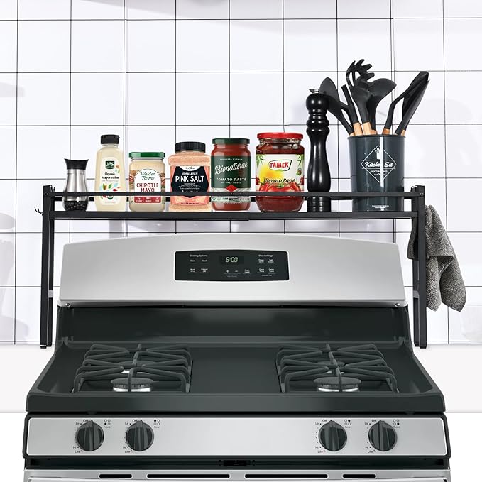 upgrade Stove Top Shelf，Over the Stove Spice Shelf for Kitchen,Spice Rack Shelf with 4 hooks Extra Storage Countertop, Seasoning Organizer,Kitchen Organizers and Storage (Black)