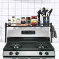 upgrade Stove Top Shelf，Over the Stove Spice Shelf for Kitchen,Spice Rack Shelf with 4 hooks Extra Storage Countertop, Seasoning Organizer,Kitchen Organizers and Storage (Black)