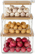 Hudgan Potato Onion and Garlic Storage Bin for Pantry Organizers, 3 Packs | Stackable, Straight Side, Bathroom Countertop Storage with Bamboo Lid, Pantry Box, Can Good Organizer, Kitchen Space Saver