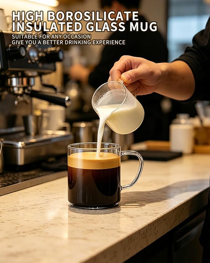 LUXU Glass Coffee Mugs Set of 4,14 oz Clear Coffee Cups,Hand Blown&Seamless Design,Heat Resistant and Explosion-Proof,Lightweight Tea Mugs with Anti Scald Handle Ideal for Home,Cafe