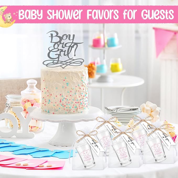 Pickmesh 25 Sets Baby Shower Shot Glasses for Guests Include Acrylic Clear Shot Glasses Thank You Cards Organza Bags Babies Shower Gifts for Gender Reveal Party Supplies (Elephant Girl)