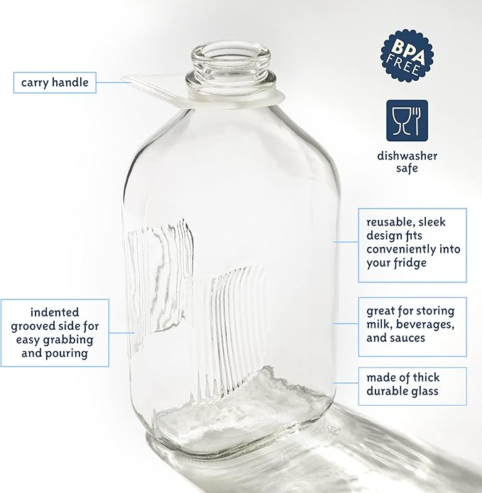kitchentoolz 64 oz Glass Milk Bottles with Pour Spouts and Tamper-Proof Caps – Half Gallon Containers – 2 Pack – Made in USA