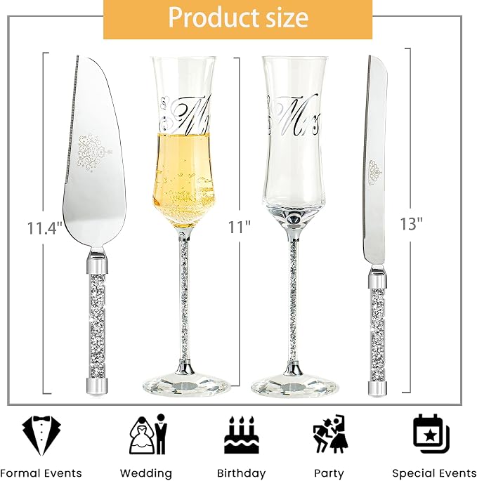 Wedding Champagne Flutes and Cake knife Server Set, Mr and Mrs Champagne Flutes, Bride and Groom Champagne Glasses and Cake Cutting set for Wedding Gifts