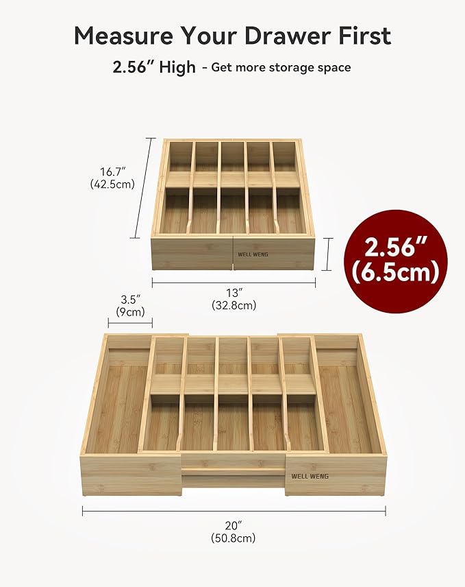 Expandable Silverware Organizer, Utensil Drawer Organizer & Cutlery Tray Dividers for Spoons Forks Knives (12 Slot,Natural Bamboo), 16.73”x12.91”x1.97 “
