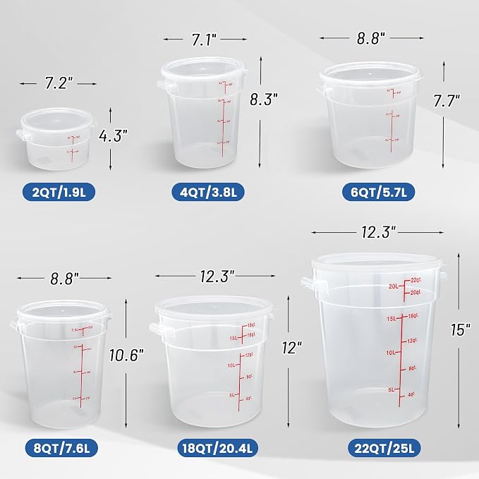 4 Pack 4QT Round Food Storage Containers with Lids | NSF, BPA-free PP containers with scale, label and measuring cup, stackable for prep, storage, freezer. Dishwasher safe