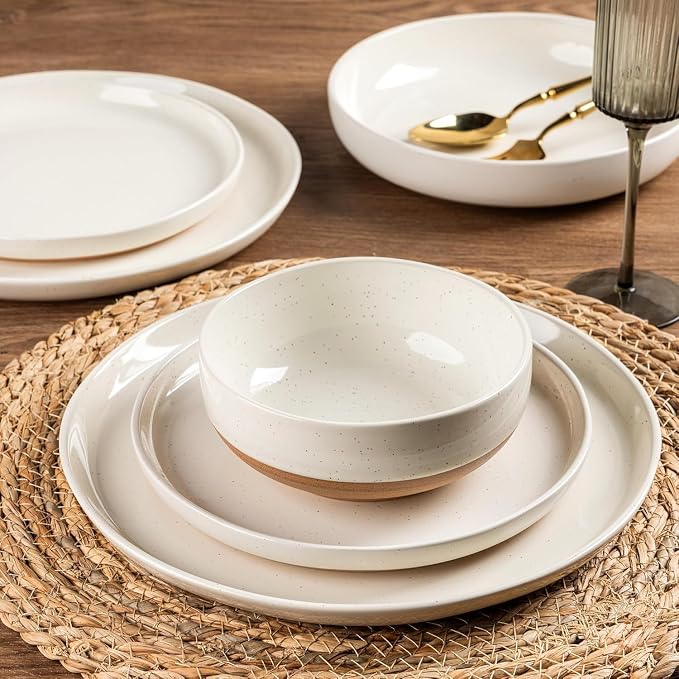 GBHOME 24-Piece Ceramic Dinnerware Set for 6, Handpainted Plates, Pasta Bowls & Bowls Set with Rustic Terracotta Underside, Scratch-Resistant, Dishwasher & Microwave Safe,Speckled Glaze Beige