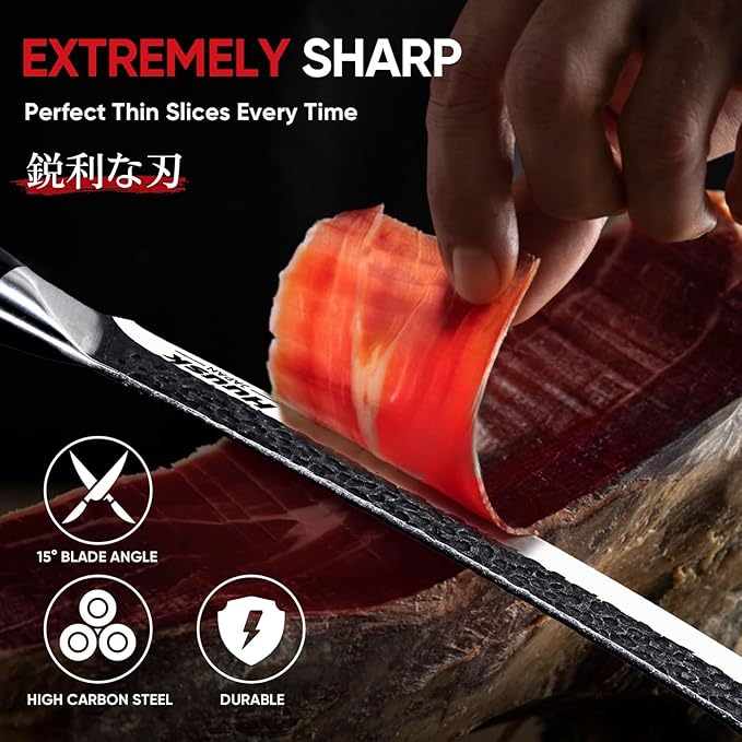 Huusk Butcher Knife for Meat Cutting, 10 Inch Curved Carving Knives with Wood Handle, Japanese Brisket Slicing Knives for BBQ, Turkey, Ideal Grilling Gift for Men and Women