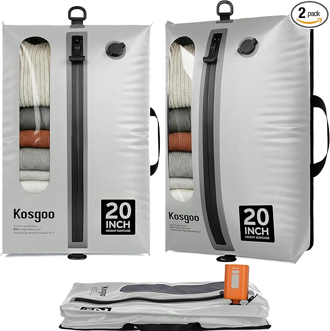 Vacuum Seal Bags for Travel with Pump, Light Grey, 20+20 | Reusable Nylon, Compression Packing Cubes, Odor & Waterproof, Space Saving for Suitcase & Backpack, 2Pcs