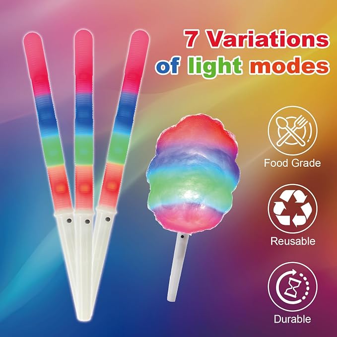 100PC Glow Sticks， Cotton Candy Sticks， Waterproof Cones Bulk for Party， Cotton Candy Stand Holder Accessories，Reusable LED Cotton Candy Party