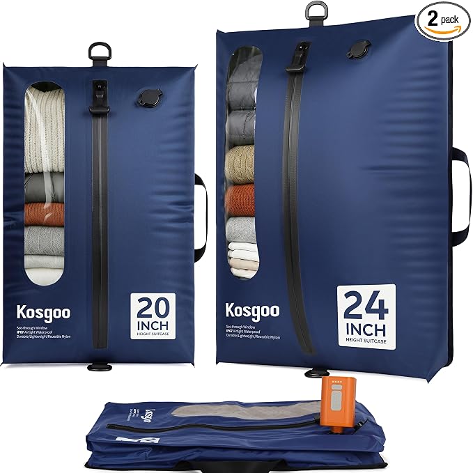 Vacuum Seal Bags for Travel with Pump, Navy, 20+24 | Reusable Nylon, Compression Packing Cubes, Odor & Waterproof, Space Saving for Suitcase & Backpack, 2 Pcs