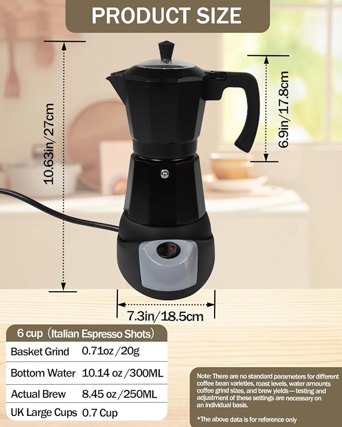 Electric Moka Pot with Detachable Base Aluminum Espresso Maker 10oz 6 Cup 300ml Black Italian Coffee Maker for Kitchen Home 110V