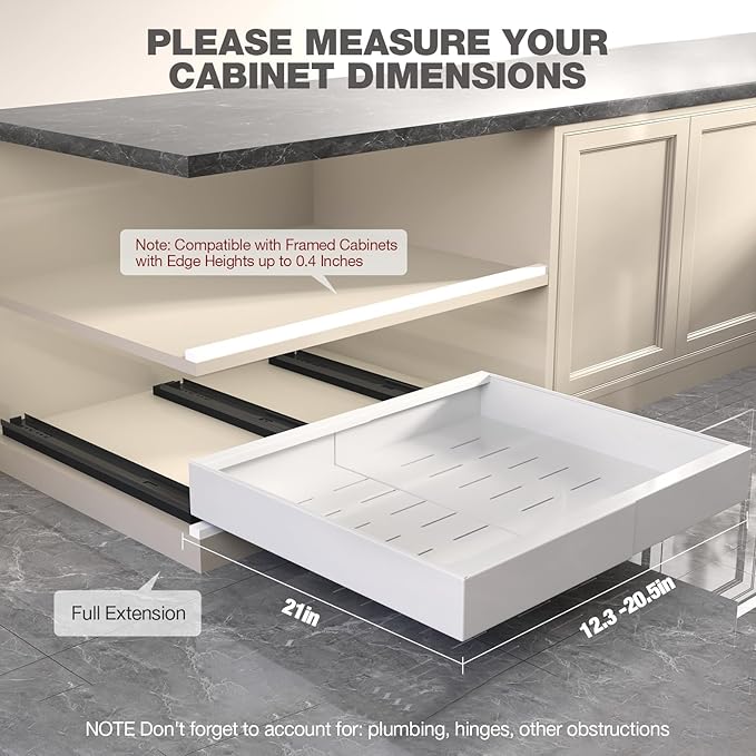 Seinloes 4 Pack Pull Out Cabinet Organizer 21" Deep,Full Extension 3 Slide Rails Slide Out Drawers With Raising Pad for Framed Cabinets,Expandable Width (12.3"-20.5"),No Drill Roll Out Shelves,White