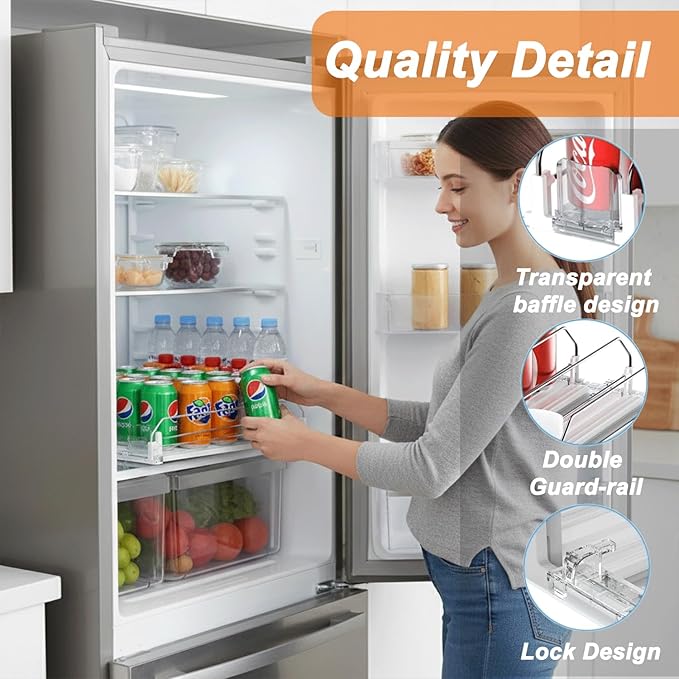 Drink Organizer For Fridge Large Capacity 5 Row Soda Can Organizer, Automatic Pusher Glide with Removable Dividers For Drink Organizer, Can Holders For Fridge, Space-Saving Can Dispenser For Kitchen