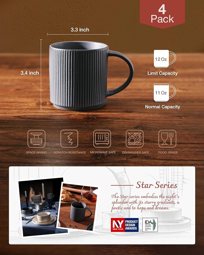famiware Coffee Mug Set for 4, Star 12 oz Catering Mugs Cup Set with Handle for Coffee, Tea, Cocoa, Milk - Ceramic Stoneware Drinkware Set, Matte Dark Charcoal