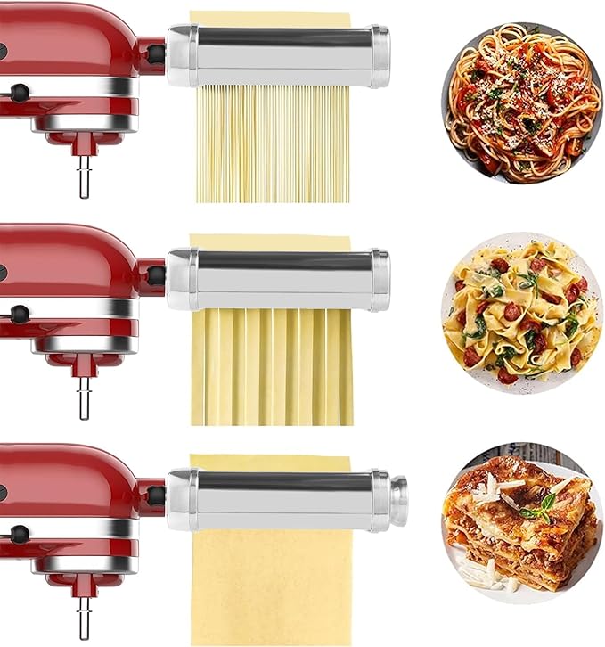 Wiselet Pasta Maker Attachment for KitchenAid Stand Mixer, 3 Pieces Pasta Roller Attachments, Full Body Stainless Steel and Heavy Duty, Homemade Spaghetti, Fettucine and Lasagne…