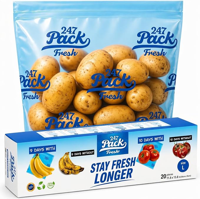 Freshpack 247 Reusable Produce Bags Size L 12 x 14 in, 1.5 Gallon 20 Pack Green Produce Bags for Fruits and Vegetables, Food Storage Bags With Zipper, Helps Keep Produce Fresh, Pantry Meal Prep