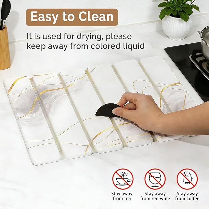 Large Stone Dish Drying Mat for Kitchen Counter, 2PCS Quick Dry Stone Dishes Mat,Foldable Water Absorbing Drying Organizer Pad for Plate Rack Bottles Utensils(Printed White Gold 16"x12" & 8“x4")