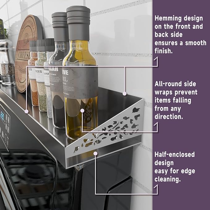 STUTOV 30" Magnetic Stove Top Shelf – Stainless Steel Spice Rack and Seasoning Organizer – Kitchen Shelf for Back of Stove – Over Stove Rack and Storage Organizer