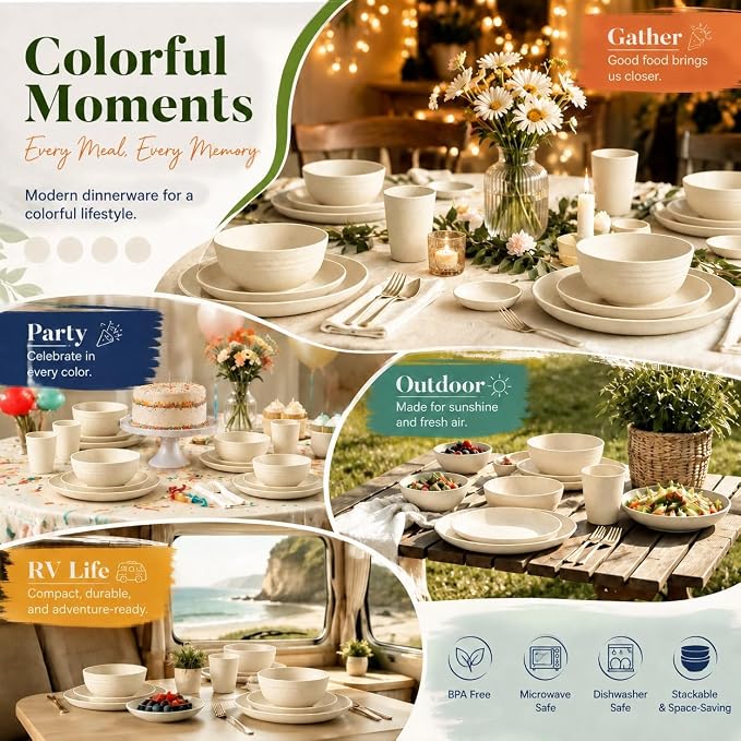 Wrova Premium Plates Bowls and Cups Set 40 PCS- Wheat Straw Dinnerware Sets for 8- Unbreakable Deep Plates/Bowls/Cups/Sauce Dishes- Dishwasher Safe Daily Living Dinnerware for Dinner,Patio- Beige