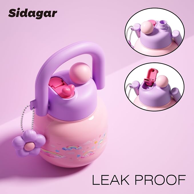 22 oz Tumbler with Straw and Carry Handle, Wide Mouth Insulated Stainless Steel Travel Water Bottle, Leakproof Flask for Nursery, Kawaii Aesthetic Purple Water Jug with 3D Charm