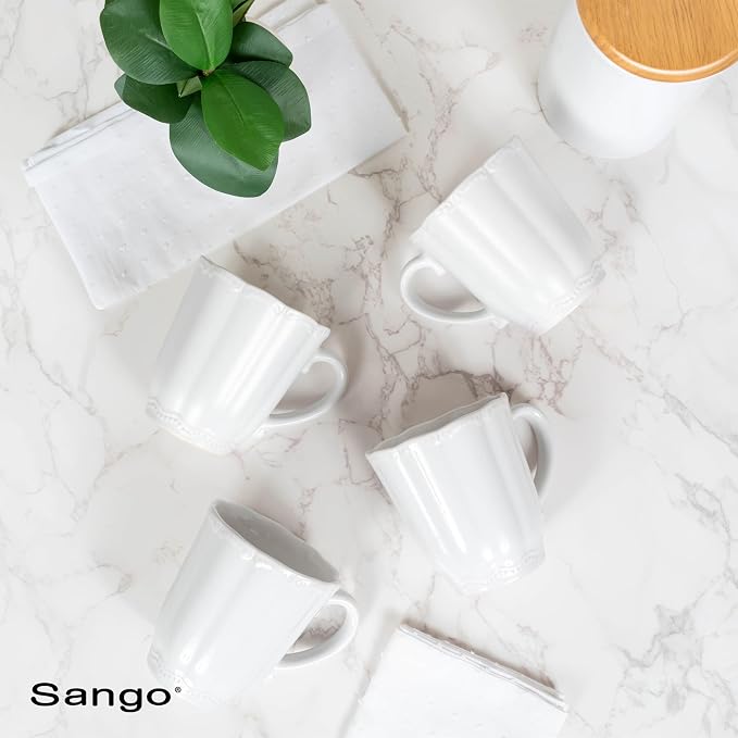 SANGO Bethany White Mugs Set of 4, 12 oz Stoneware White Coffee Mugs, Vibrant Ceramic Drinkware for Coffee, Tea or Cocoa, Durable Everyday Cups, Dishwasher & Microwave Safe, Kitchen Mug Set