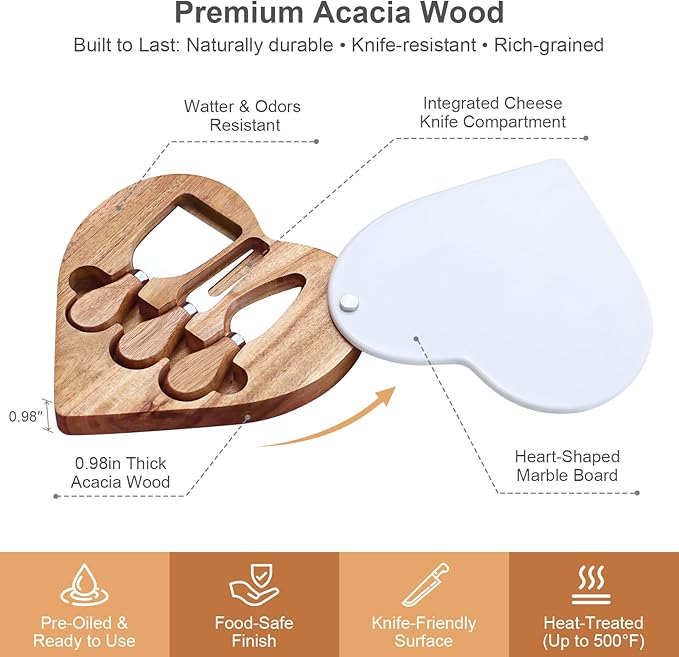8.2" Valentine Heart-Shaped Acacia Wood Cheese & Charcuterie Board with 360° Rotating Marble Lid and Cheese Utensil Set (Spade, Knife, Fork) - Housewarming, Birthday & Wedding Gift