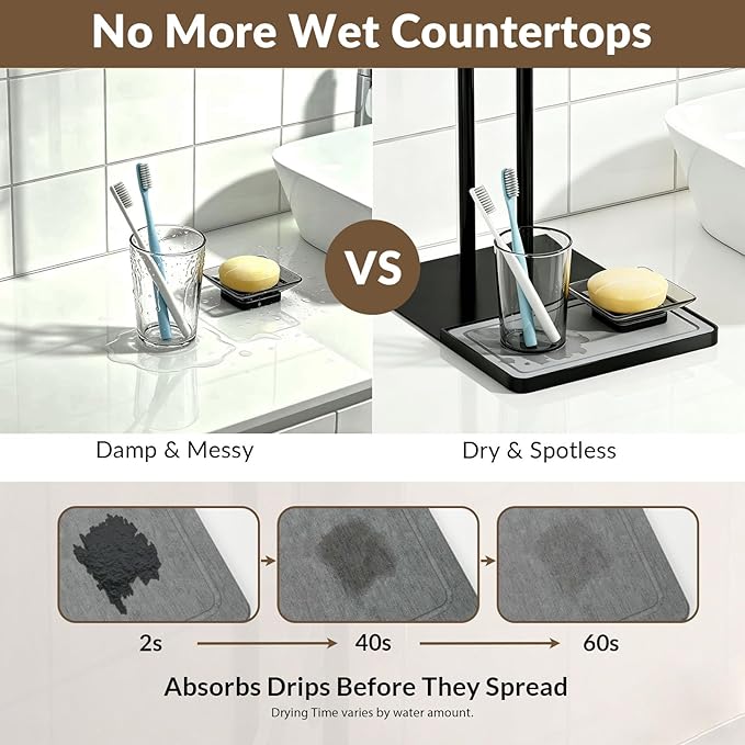 NADAMOO Towel Holder Stand, Adjustable Height 13.8"-24" Freestanding Double Bar Towel Rack with Stone Drying Tray, Wide Weighted Base, Rustproof Black Metal, for Bathroom, Kitchen Countertop