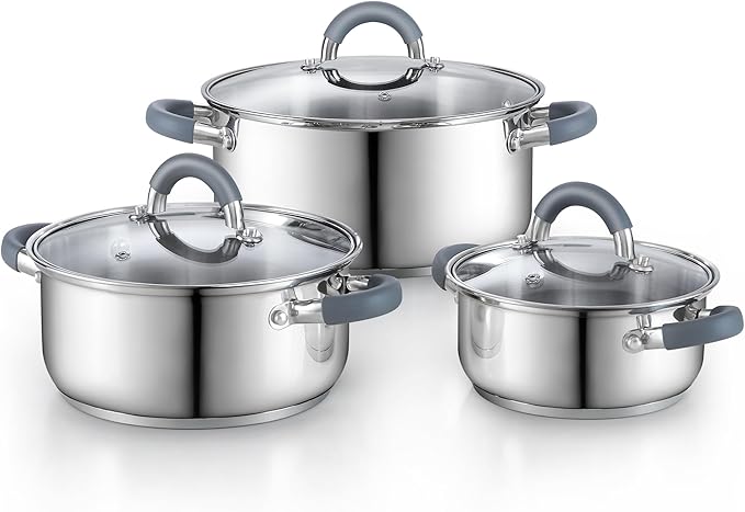 Cook N Home Basics Stainless Steel Cookware Sets, 6-Piece Pots and Pans | Induction Compatible, Dishwasher Oven Safe,Stay-Cool Silicone Handles