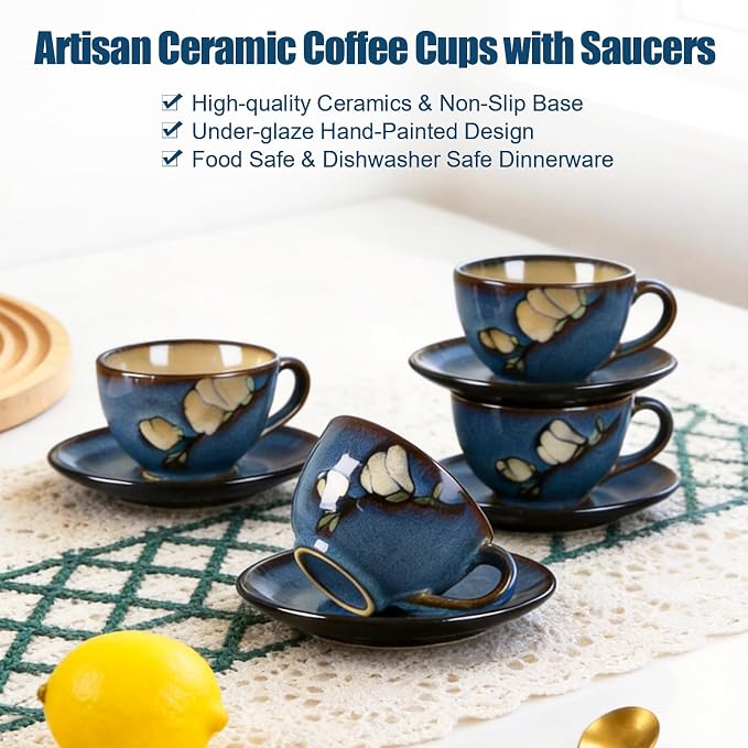 8 Oz Floral Porcelain Cappuccino Cups with Saucers Set of 4, Stoneware Tea Coffee Mugs for Home Kitchen & Office, Dishwasher Microwave Oven Safe, for Espresso, Latte, Americano, Milk & Tea, Dark Blue
