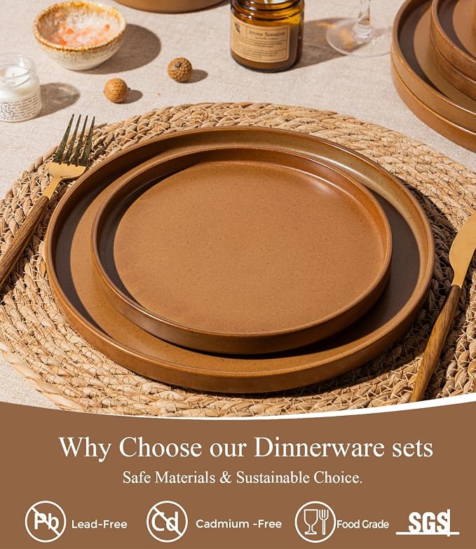LERATIO Ceramic Dinnerware Sets for 4, High Edge Stoneware Plates and Bowls Set, Chip and Crack Resistant | Oven & Dishwasher & Microwave Safe Dishes Set, Service for 4 -Caramel