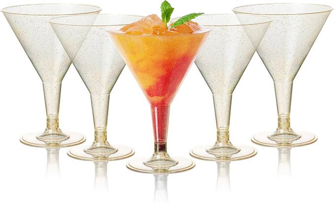 MATANA 48 Glitter Gold Plastic Martini Cocktail Glasses 7 oz - Elegant & Reusable - Manhattan, Margarita, Cosmopolitan, Desserts - Weddings, Birthdays, Parties