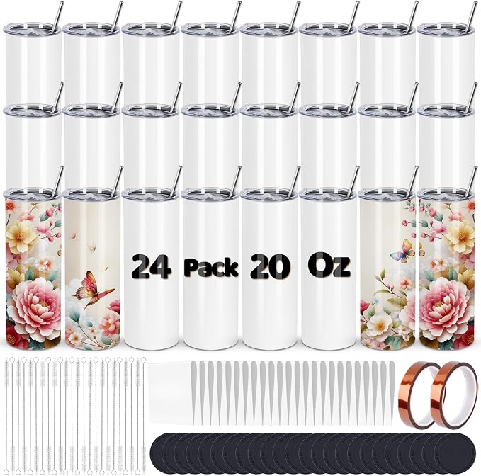 24 Pack Sublimation Tumblers, 20 oz Stainless Steel Sublimation Cups with Lid and Straw, Individually Boxed