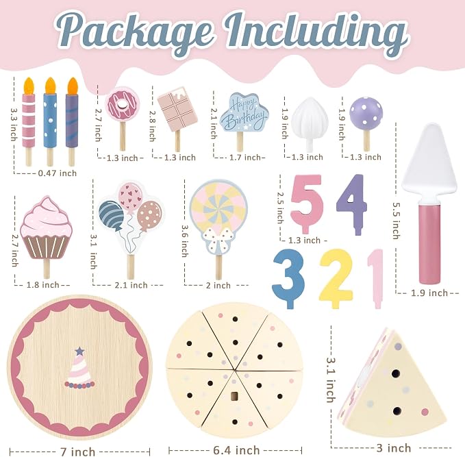Wooden Birthday Party Cake Play Food Sets for Toddler 3 4 5 Year Old Girls Boys Kids Kitchen Accessories Pretend Play Toy Gift Educational Toys