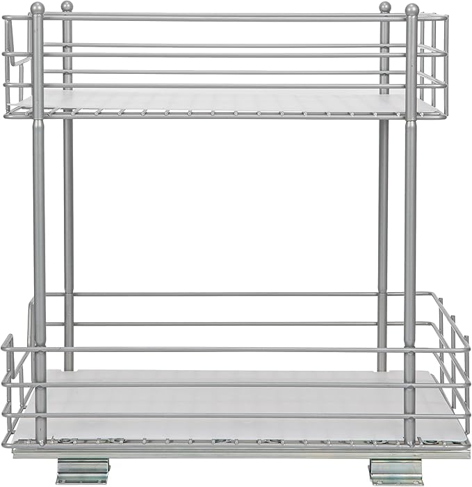 Household Essentials Glidez Steel Pull-Out/Slide-Out Storage Organizer with Plastic Liners for Under Cabinet or Wire Shelf Use - 2-Tier Design - Fits Standard Size Cabinet or Shelf, Brushed Silver
