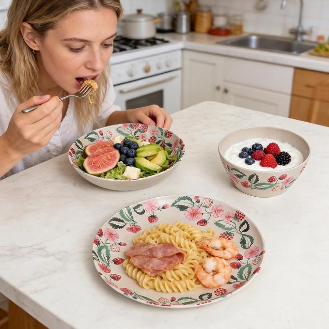 Unbreakable Dinnerware Set for 4 Natual Strawberry 12 Piece Melamine Wheat Straw BPA Free Lightweight Dishwasher Safe Shatter Resistant for Picnic Garden Breakfast