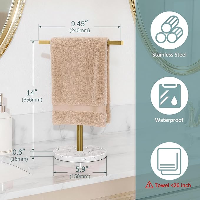 Gypie Gold Hand Towel Holder Stand T-Shape, Countertop Towel Rack for Bathroom Kitchen, Towel Holder Marble Base